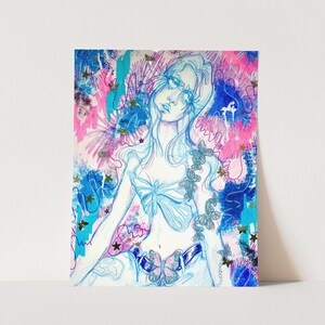 Y2K Butterfly Girl Art Print | Blue Eclectic Trippy Fashion Portrait Art Print/Poster | Colorful Wall Art | 90s Inspired Wall Decor