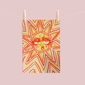 Trippy Yellow, Orange, and Red Eclectic 60s/70s Inspired Sun with Face Art Print