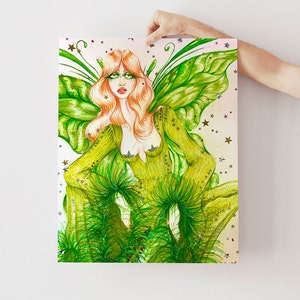 Green Fairy Art Poster | Colorful Faerie Wall Art | Fantasy Trippy Fashion Portrait Art Print/Poster | Plant Aesthetic Inspired Wall Decor