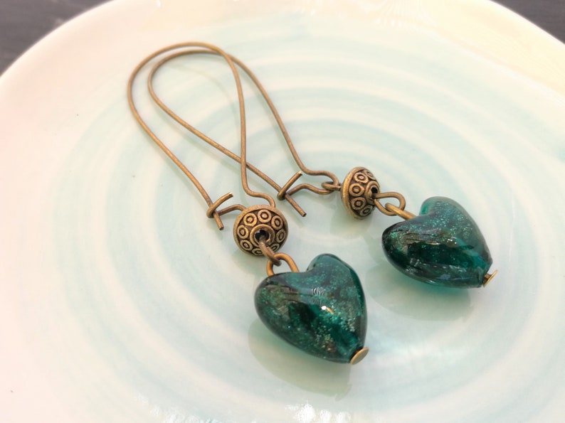 Bronze and Lampwork Glass Heart Earrings Gift for Mom. Delicate Bohemian Jewelry Sparkly Green Heart Charm Everyday Dangle Earrings