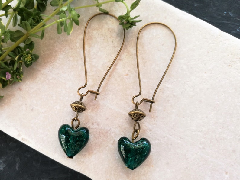Bronze and Lampwork Glass Heart Earrings Gift for Mom. Delicate Bohemian Jewelry Sparkly Green Heart Charm Everyday Dangle Earrings