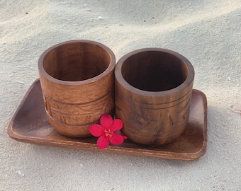 Set of 3 Handmade Acacia wood drinking cups with tray | Wooden cups set | Home Kitchen Decor Gifts | Wooden Serving Set