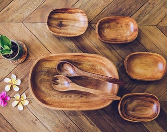 Acacia Wood Set of 7 | Oval design | Mother bowl with 4 servers and utensils | Handmade bowls | Salad Bowl | Pasta Bowl | Serving Bowls