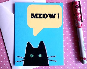 Black cat card, Meow postcard, pretty black cat illustration, cute graphic black cat print, funny black cat postcard