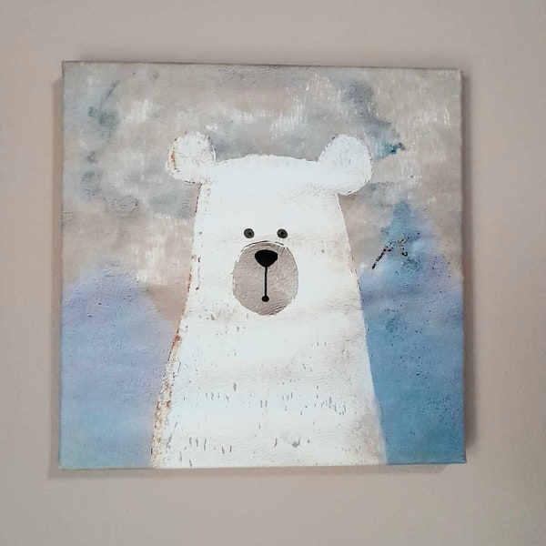 Cadre ours polaire , impression sur toile ours blanc , déco chambre d'enfant , déco murale chambre de bébé, tableau ours pour enfant .