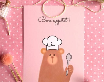 Bon appetit card, bear cook card, kitchen postcard, bear correspondence card with a hat, food related postcard