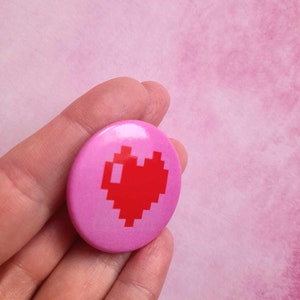Heart badge, Valentine's Day badge, in shiny metal, with a pin on the back, gift for lovers, pixelated heart illustration badge image 2