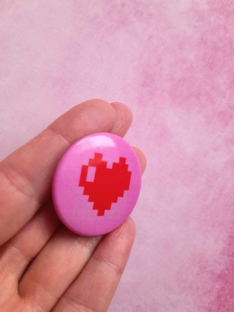 Heart badge, Valentine's Day badge, in shiny metal, with a pin on the back, gift for lovers, pixelated heart illustration badge image 2