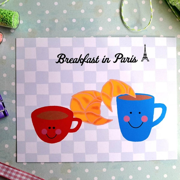 Carte Breakfast in Paris ,carte postale séjour à Paris , carte kawaii tasses , carte café et croissants , carte petit déjeuner à deux CAF02