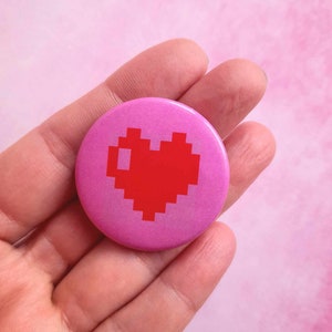 Heart badge, Valentine's Day badge, in shiny metal, with a pin on the back, gift for lovers, pixelated heart illustration badge image 1