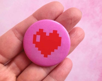 Heart badge, Valentine's Day badge, in shiny metal, with a pin on the back, gift for lovers, pixelated heart illustration badge