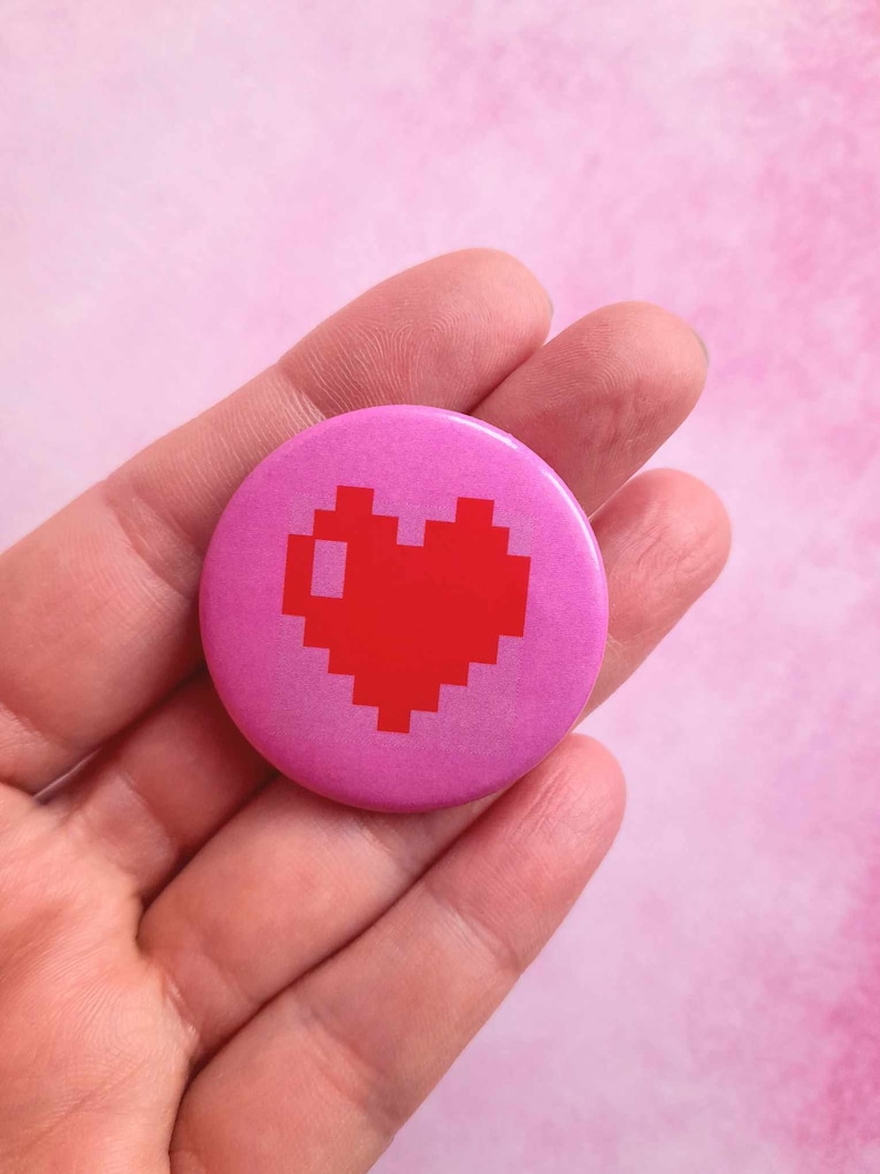 Heart badge, Valentine's Day badge, in shiny metal, with a pin on the back, gift for lovers, pixelated heart illustration badge image 1