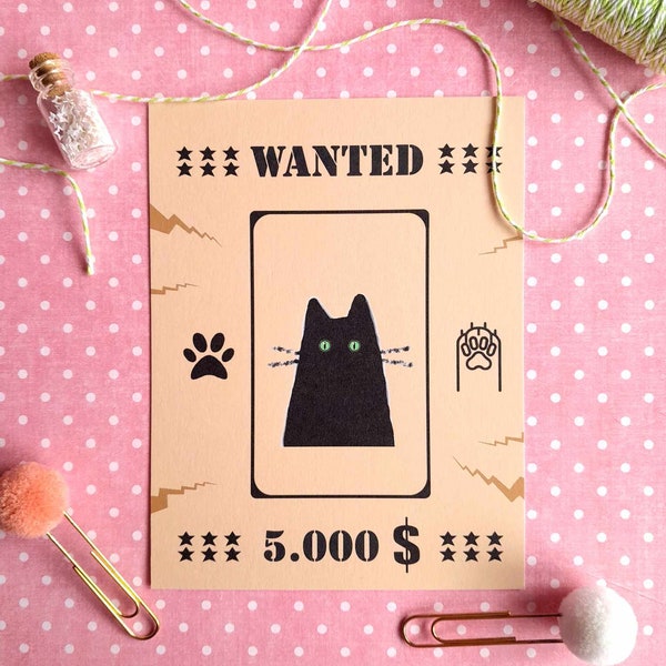 Carte Wanted . Carte postale pour amoureux des chats . Carte humoristique . Carte postale drôle chat recherché . Wanted cat illustration