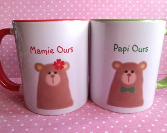 Grandma Bear + Grandpa Bear mug duo. Set of two grandma bear + grandpa bear mugs. Duo of coffee cups. Duo of teacups.