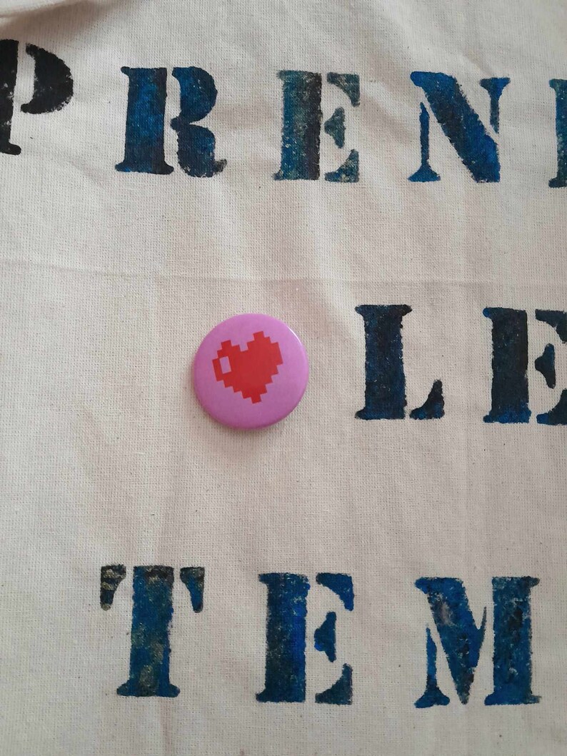 Heart badge, Valentine's Day badge, in shiny metal, with a pin on the back, gift for lovers, pixelated heart illustration badge image 5