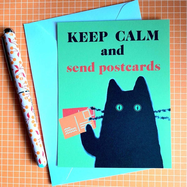 Keep Calm and send postcards. Card for cat lovers. Postcard for postcrosser. Postcrossing postcard.