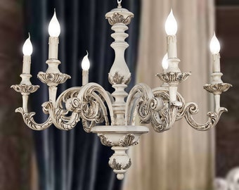 6 lights classic wood pulp chandelier with AGED WHITE decoration art.1479/6