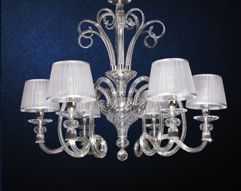 Lustre classique en cristal 6 lumières chromé avec abat-jour en organza blanc art.2345/6