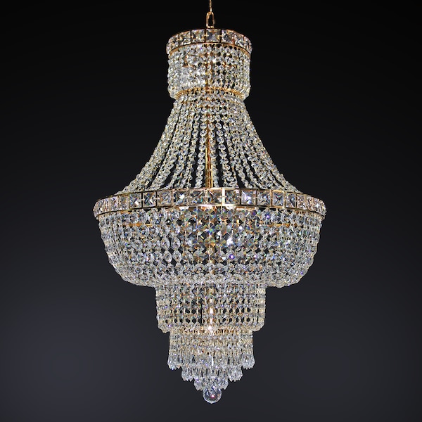 Lustre corbeille Empire 9 lumières en cristal de strass de fourrure dans l'art classique d'or. 2810/6+3