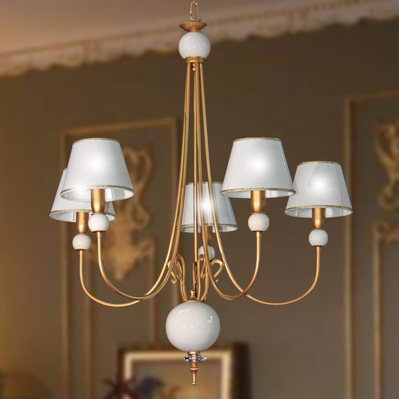 Chandelier in gold French and white ceramic 5 lights with lampshades art.2823 5