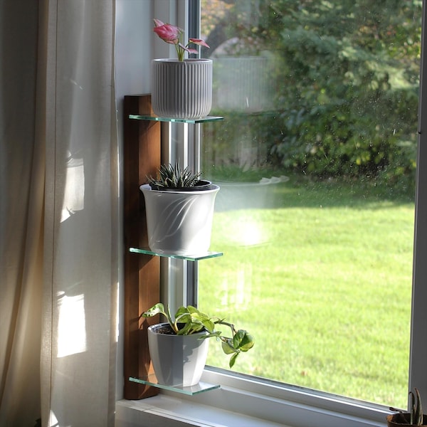 SHIPS FROM USA | Handmade Plant Window Shelf | Solid Wood and Glass Window Shelves | Renter Friendly | Three Tier No-Drill