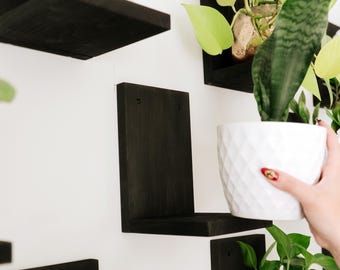Midnight Black Modern Handmade Plant Shelf, 3 Pack of Midcentury Modern Wall Shelves, Cat Proof L Shaped Floating Shelves