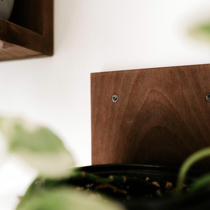 May include: Close-up of a dark brown wooden shelf bracket mounted on a white wall. The bracket is rectangular with visible wood grain and is secured with two screws. A black plant pot is visible below the bracket.