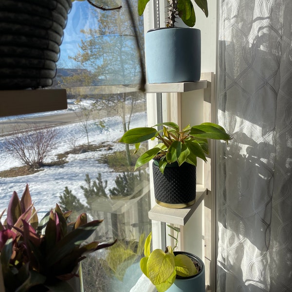 Handmade Plant Window Shelf | Solid Wood Whitewash | Midcentury Modern  Window Shelves | Renter friendly plant shelves | Three Tier No-Drill