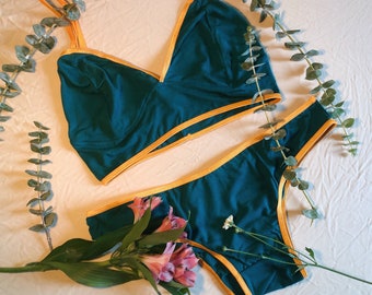 Bamboo Teal Bra with gold trim with Matching Panty / Organic Cotton/ Swimwear/ eco panty/ Rose gold rings and sliders/ eco intimates