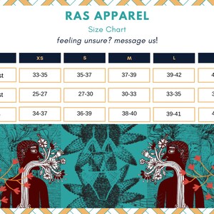 Pode incluir: Tabela de tamanhos para Ras Apparel, mostrando as medidas em polegadas para o peito, a cintura e o quadril. Os tamanhos incluem XS, S, M, L e XL.