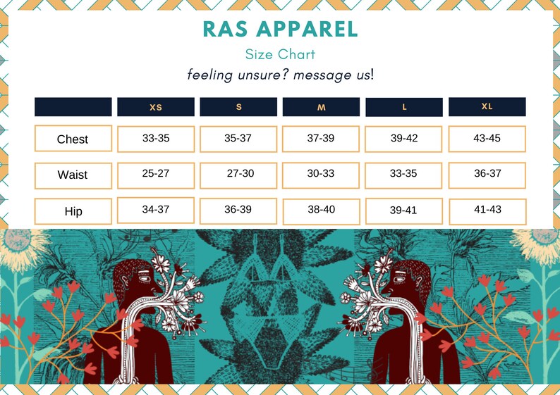 Pode incluir: Tabela de tamanhos para Ras Apparel, mostrando as medidas em polegadas para o peito, a cintura e o quadril. Os tamanhos incluem XS, S, M, L e XL.