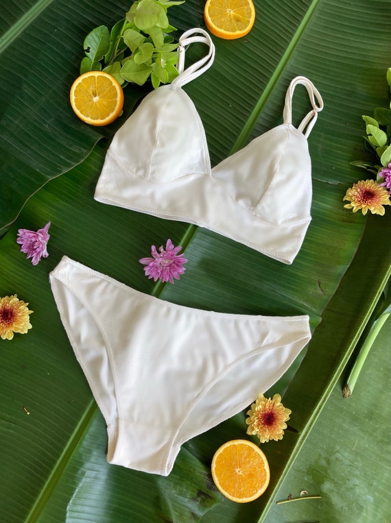Bamboo Triangle Bra & Thong/Briefs Set - All White – Lounge Underwear