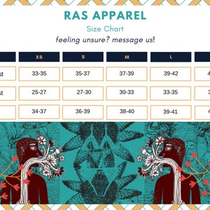 May include: Size chart for Ras Apparel, showing measurements in inches for chest, waist, and hip. Sizes include XS, S, M, L, and XL.