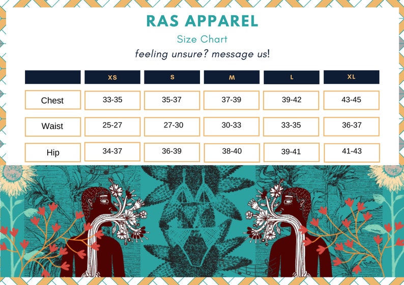 May include: Size chart for Ras Apparel, showing measurements in inches for chest, waist, and hip. Sizes include XS, S, M, L, and XL.