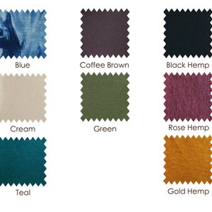 May include: Swatch cards showing different fabric colours and textures. The colours include blue, coffee brown, black, cream, green, rose, teal, and gold.