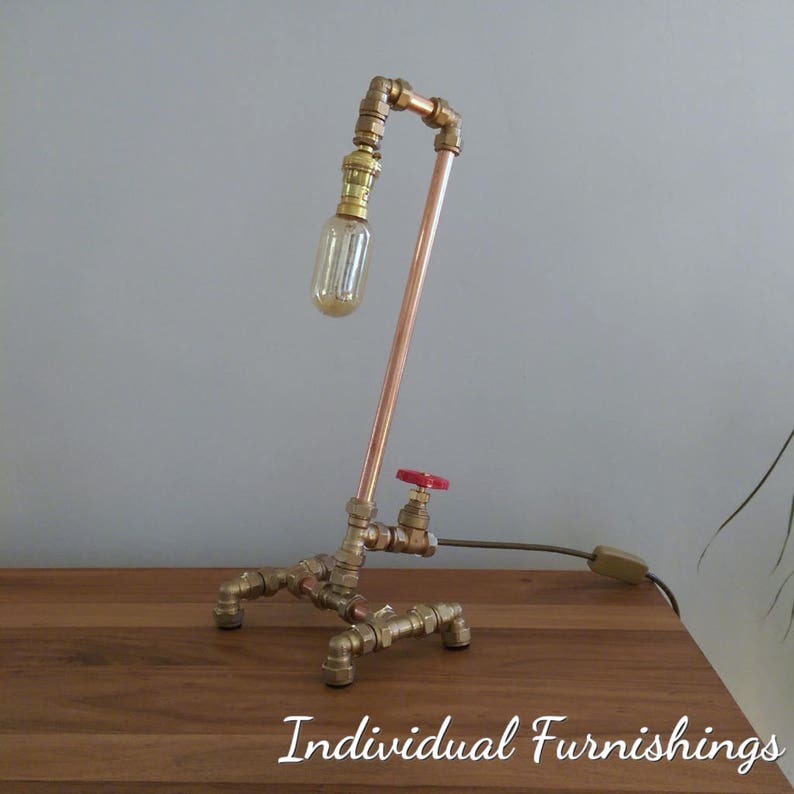 Large Industrial Table Lamp Copper Brass Pipe Tall Desk Lighting Vintage Filament Bulb Pipework Gate Valve