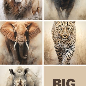 5 afrikanische Tiere groß | Abstrakte Bleistift-Skizze | Digitaldruck | Löwe | Büffel | Elefant | Leopard | Nashorn