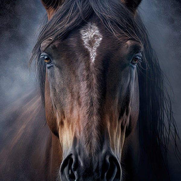 Horse head on a black background with white mist