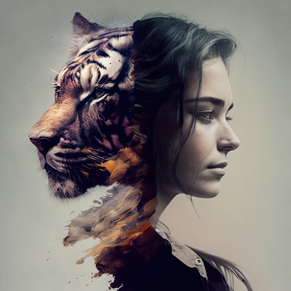 Black haired girl and tiger