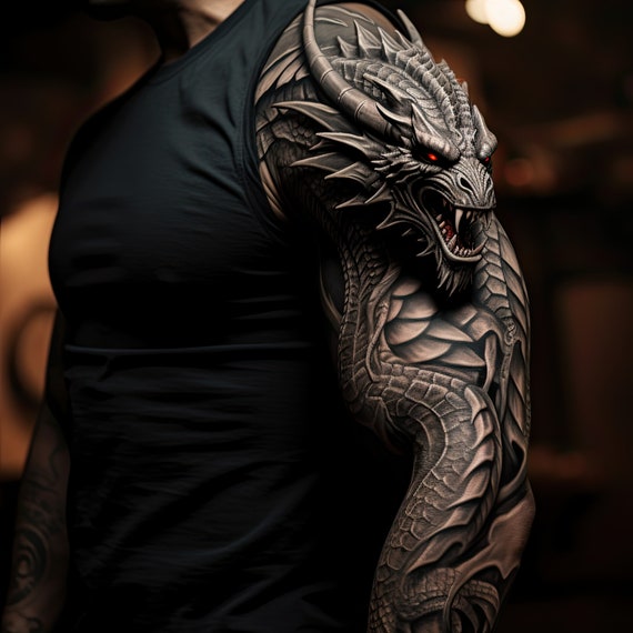 Realistic photo of a dragon tattoo on a man's arm