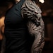 May include: A black and gray dragon tattoo on a person's arm. The dragon has red eyes and is in a realistic style.