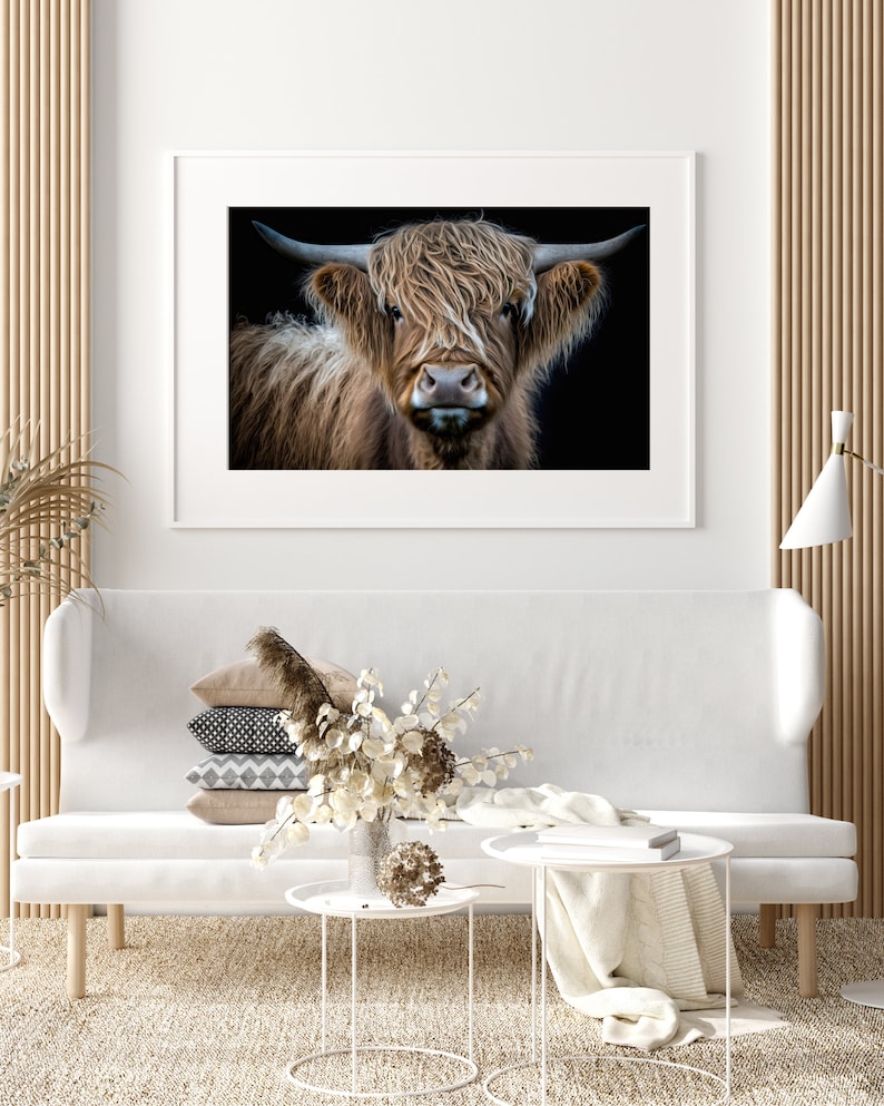Pode incluir: Um retrato de perto de uma vaca Highland com uma pelagem longa e felpuda de cor castanho. A vaca est&aacute; olhando diretamente para a c&acirc;mera com uma express&atilde;o s&eacute;ria. O fundo &eacute; preto.