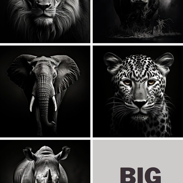 Big 5 African Animals | Monochrome | Digital Print | Lion | Buffalo | Elephant | Leopard | Rhino