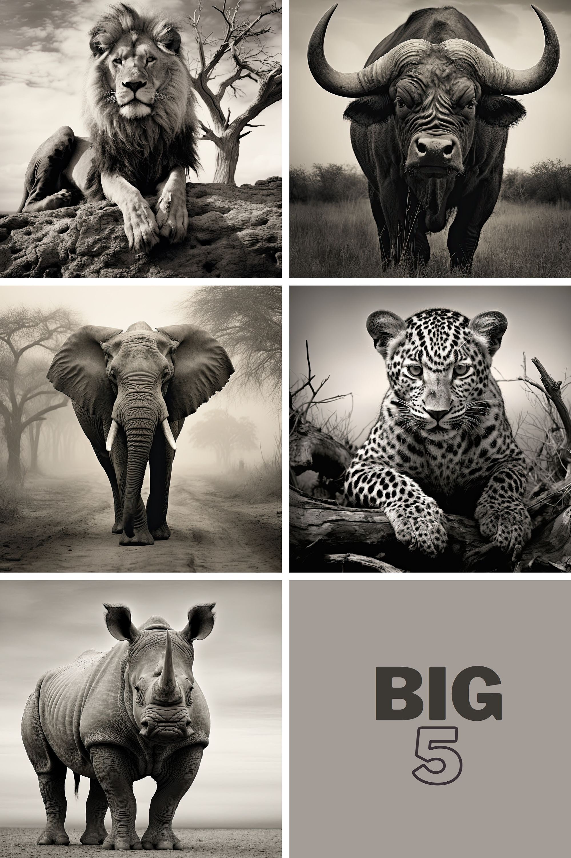 Big 5 African Animals Black and White Digital Print Lion Buffalo