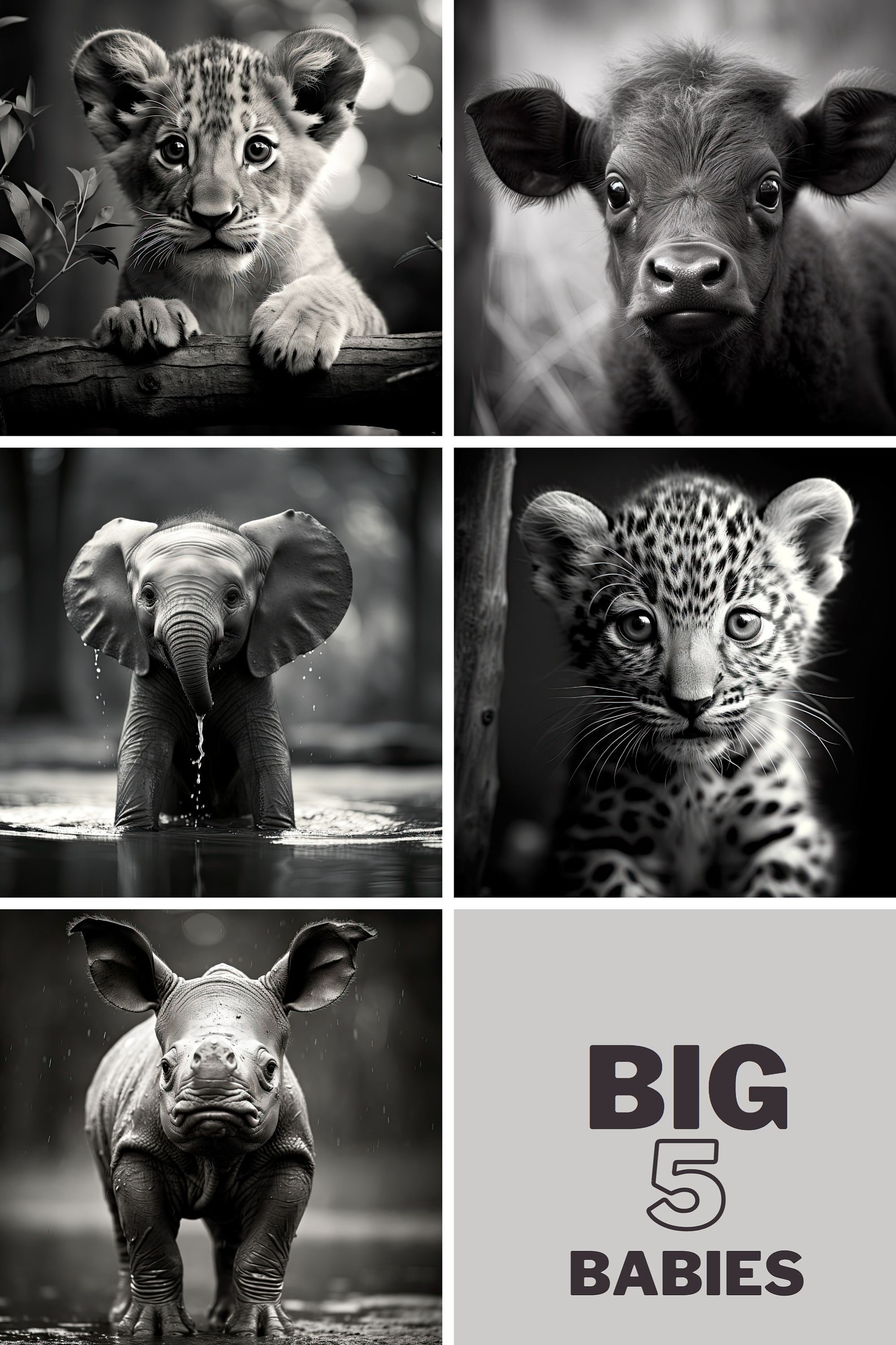 Big 5 African Animals Babies | Black and White | Digital Print | Lion ...