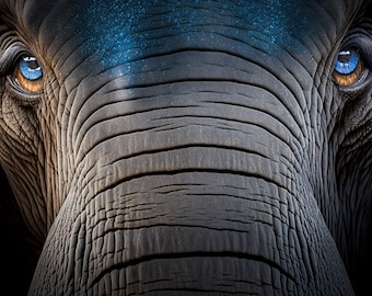 Elephant With Blue Eyes on a Black Background With White