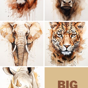 Big 5 African Animals | Brown Paint | Digital Print | Lion | Buffalo | Elephant | Leopard | Rhino