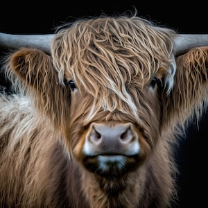 Pode incluir: Um close-up de uma vaca Highland marrom e branca com cabelo longo e desgrenhado. A vaca tem o nariz preto e olhos grandes e escuros. A vaca est&aacute; olhando diretamente para a c&acirc;mera.
