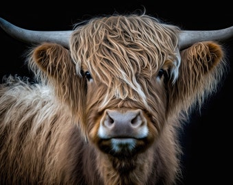 Highland Cow Wall Art PRINTABLE Close Up Farm Life Cow Cute Minimal Poster Gift Decoration Black Background
