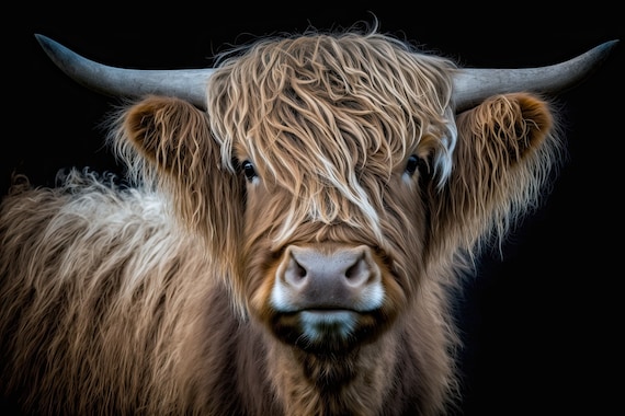 Highland Cow Wall Art PRINTABLE Close Up Farm Life Cow Cute Minimal Poster Gift Decoration Black Background